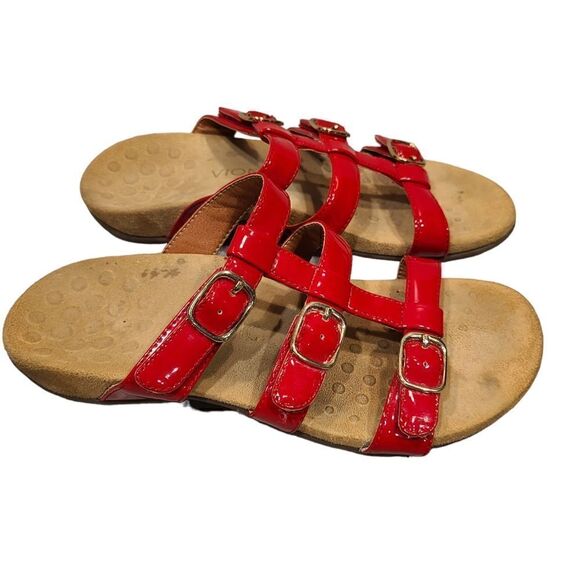 Vionic Misa Adjustable Strap Slide Red Patent Leather Sandals | 8 - Picture 4 of 11
